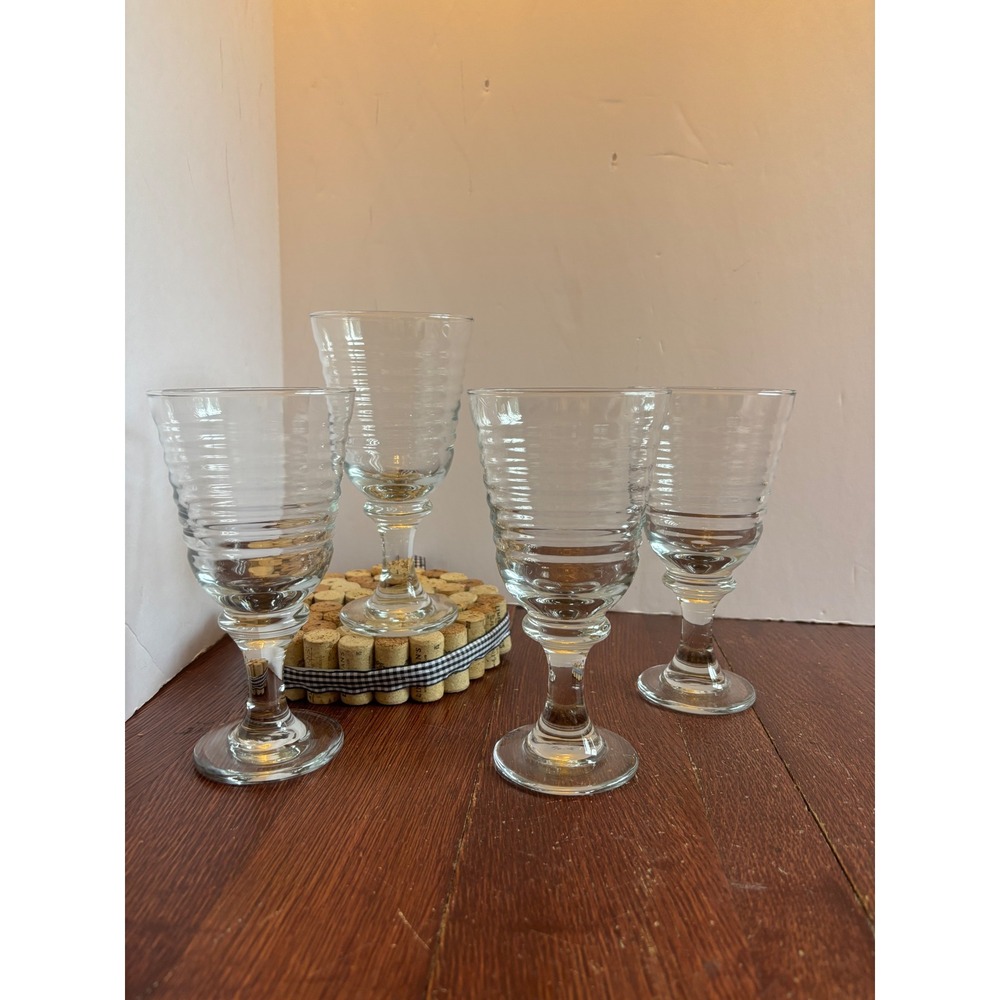 Libbey Clear Ribbed Glass Goblets Set 4 Beehive Texture Stemmed Water Wine 7in‎